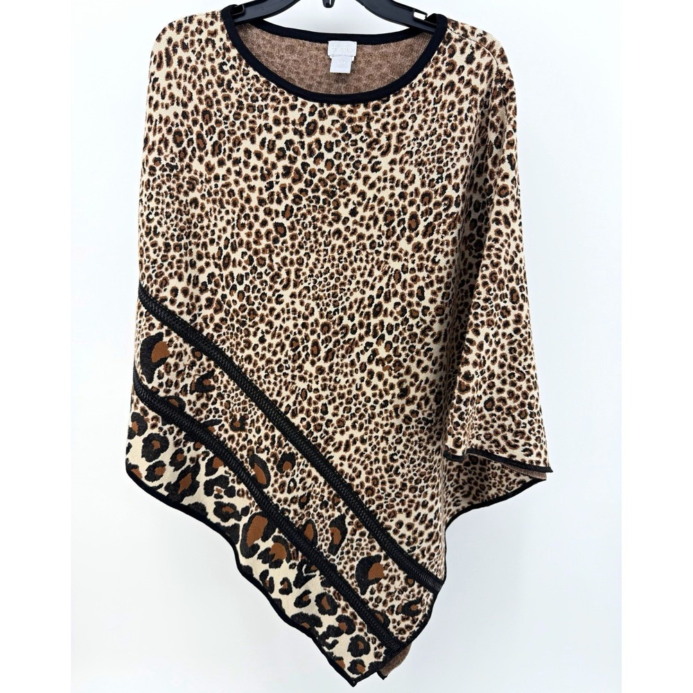 Chico's Women's S/M Knit Poncho Sweater Leopard Animal Print Pullover Trim